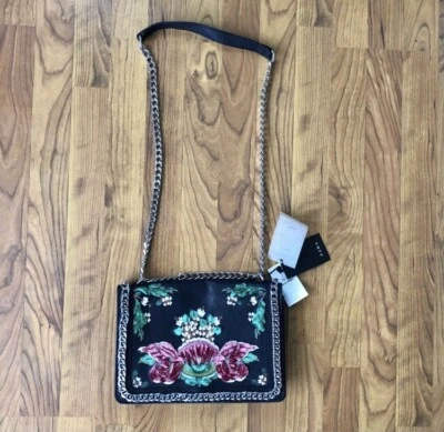 NWT Zara Leather Crossbody Bag Shoulder Chain Detail Floral Velvet Painted Black - Image 1 of 4