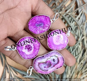 Pink Solar Quartz Gemstone 925 Sterling Silver Plated Wholesale Bezel Pendants - Picture 1 of 3