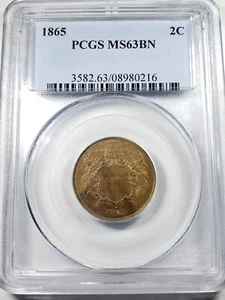 1865 Two Cent Piece, 2c Copper, PCGS MS-63 BN  - Picture 1 of 4