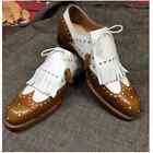 Handcrafted Two Tone Leather Wing Tip Brogue Lace Up Fringes Dress Tassels Shoes