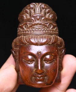 7CM Old China Amber Kwan-yin Guan Yin Goddess Buddha Head Amulet Pendant - Picture 1 of 8