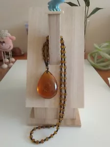Amber Resin Water Drop Floating Saltwater Beewax Pendant & Beaded Necklace 444-5 - Picture 1 of 6