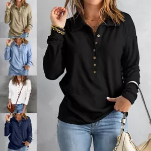 Womens Polo Shirts Long Sleeve Tunic Blouse Ladies Loose Pullover Tee Fall Tops - Picture 1 of 16