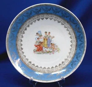 SEVRES / LIMOGES SHALLOW 10" BOWL CLASSICAL SCENE LADIES & CHERUBS ROYAL BLUE BO - Picture 1 of 4