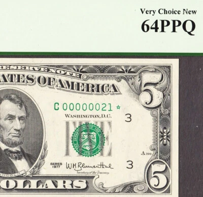 1977 FR Note Philadelphia $5 Fr 1974-C☆ LOW # 00000021 ☆STAR☆ CH UNC PCGS 64 PPQ - Image 1 of 3