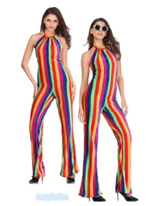 W-M3-1 70s Women's Rainbow Rave Disco Queen Jumpsuit Retro Hippie Groovy Costume - Picture 1 of 11