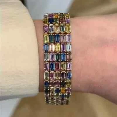34Ct Lab Created Multicolor Sapphire Five Row Statement Bracelet 925 Silver - Image 1 of 4