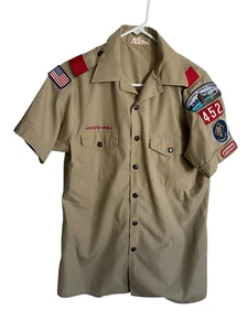 Boy Scouts of America Mens Tan Beige Patches Logo Uniform Shirt Medium 15-15 1/2 - Picture 1 of 8
