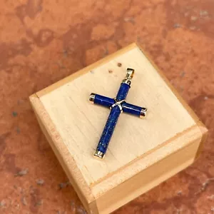 Estate 14KT Yellow Gold Genuine Blue Lapis Detailed Cross Pendant 36mm - Picture 1 of 7