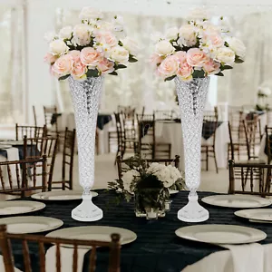 2 Pc Modern Crystal Trumpet Flower Silver Stand Crystal Vase For Wedding Decor - Picture 1 of 15