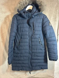 Superdry Damen Navy Wattierter Mantel Kunstfell Kapuze Gr. 12 Lange Winterjacke - Bild 1 von 16