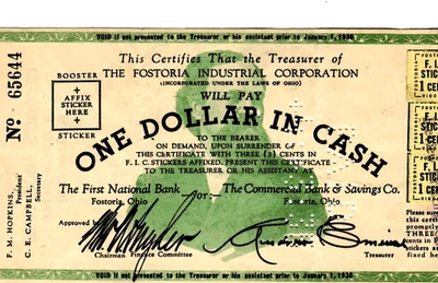 $1  "FOSTORIA CORP" (1930S) $1  "DEPRESSION SCRIP" (FOSTORIA) $1 NICE! CRISPY!! - Image 1 of 3
