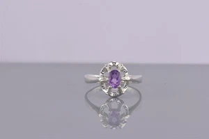 Sterling Silver Oval Purple Amethyst Scalloped Bezel Band Ring 925 Sz: 8 - Picture 1 of 8