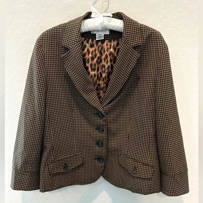 NINE WEST | Vintage Brown Plaid Checkered Cropped Classic Academia Blazer | 14 - Image 1 of 4