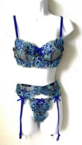 Conjunto de lencería azul floral bordado encaje 3 piezas sujetador con aros liga tanga S - Imagen 1 de 24