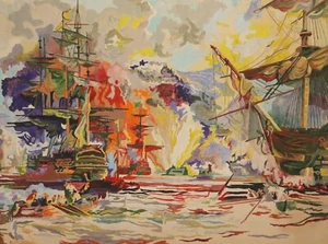 Vintage Original Gouache Gemälde Seeschlacht - Bild 1 von 15