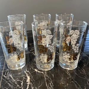 Vintage Mid Century Modern Weiß & Gold Traubenblatt Barware 6 Trinkglas Set - Bild 1 von 9