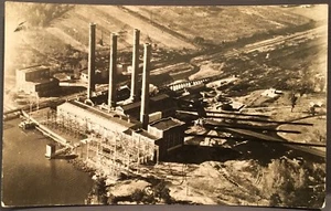 Real Photo Postcard RPPC ~ Air View Huge Factory w Four Smokestacks ~ RR Tracks - Picture 1 of 2