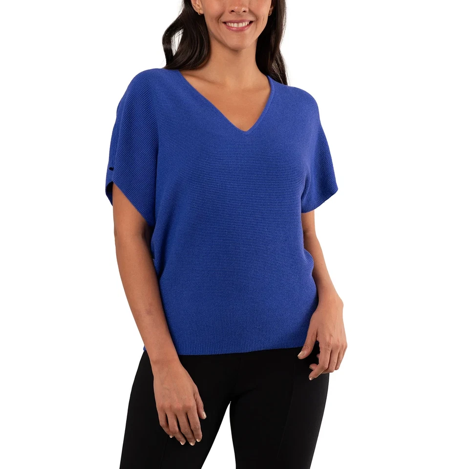 Cyrus Women's V-Neck Dolman Waffle Texture Soft Lightweight Sweater Blue XL