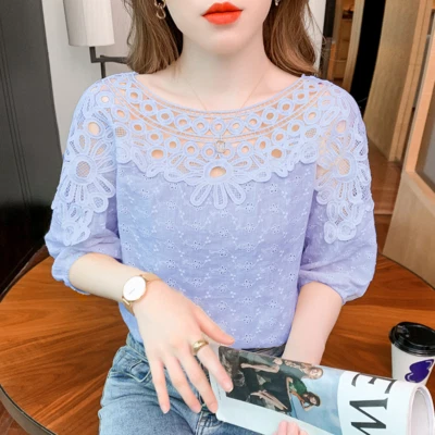 Lady Chiffon Lace Shirt Blouse Floral Vintage Top Short Sleeve Hollow Out - Image 1 of 4
