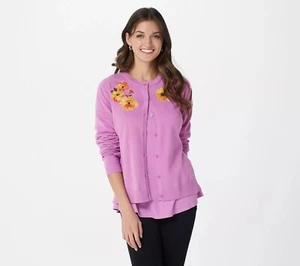 Isaac Mizrahi Live! Size M Floral Embroidered Cardigan AFRICAN ORCHID A395163 - Picture 1 of 1