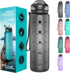 1L Time Marked Water Bottle with Straw, Leakproof Bpa-Free Tritan Sports Grey - Picture 1 of 11