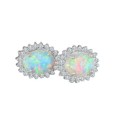 14K White Gold Plated Silver 4Ct Oval Cut Simulated Fire Opal Halo Stud Earrings - Image 1 of 3