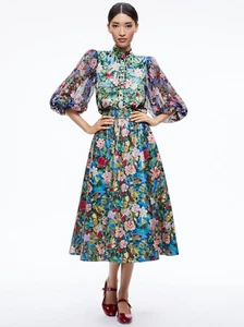 ALICE & OLIVIA(14)EARLA VEGAN LEATHER FLARE BREEZE FLORAL MIDI SKIRTNWTMSRP$550 - Picture 1 of 15