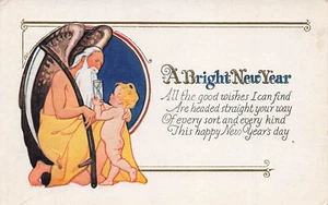 VINTAGE NEW YEAR POSTCARD FATHER TIME WITH BABY BRIGHT NEW YEAR 9822 - Picture 1 of 2