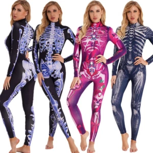 Womens Halloween 3D Skeleton Ghost Cosplay Costume Long Sleeve Tights Jumpsuit - Picture 1 of 16