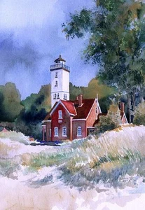 Presque Isle Lighthouse Lake Erie, Pennsylvania. Tarjetas de notas de acuarela de James Mann - Imagen 1 de 2