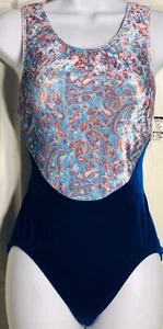 GK ADULT X-LARGE PAISLEY BLUE & NAVY VELVET GYMNASTIC DANCE TANK LEOTARD SZ XL - Picture 1 of 8