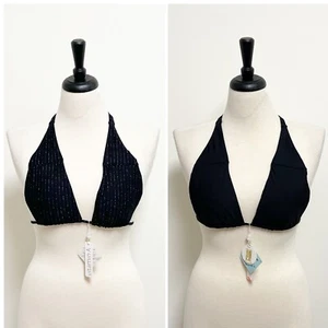 Vitamin A Black Silver Stripe Reversible Triangle Halter Bikini Top NWT Medium 8 - Picture 1 of 12