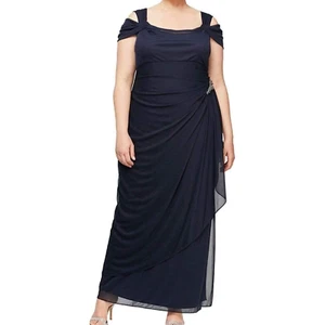 Alex Evenings Plus Size Cowl Neck Sheath Dress Womens 14W Navy Blue Chiffon - Picture 1 of 21