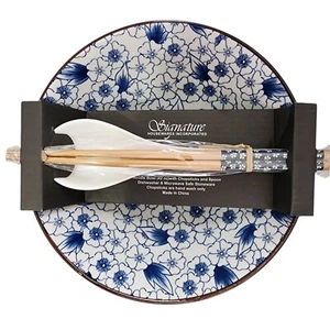 Signature Blue Floral Ceramic Ramen Noodle Bowl 42oz With Chopsticks And Spoons - Picture 1 of 7