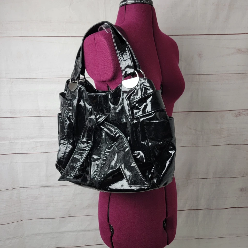 KOOBA Black Patent Leather Cinch Bow Elisha Hobo Tote Shoulder Bag Purse - Image 1 of 4