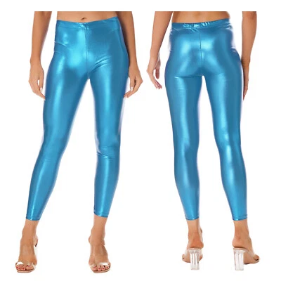Womens Faux Leather Skinny Pants Shiny Metallic Stretch Tights Pants Trousers - Imagem 1 de 4