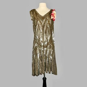 Vintage 1920s Sequin Flapper Dress, 20s Dress, Gold Silver Sequin Gatsby Dress - Picture 1 of 15