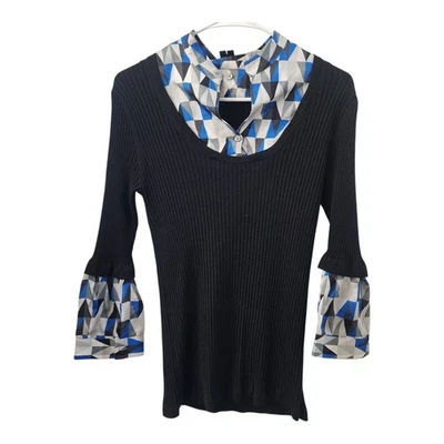 Theory 黑色罗纹羊毛混纺毛衣几何丝绸装饰喇叭袖 M Y2K — 第 1/4 张图片