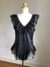 STUNNING VTG ALANA GALE Black Nylon Ruffle Lace Teddy Romper Lingerie SZ L