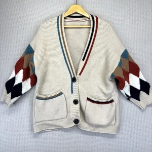 Vintage Handarbeit Wolle Strick Cardigan Pullover Damen Medium Mehrfarbig Argyle Preppy 70’er - Bild 1 von 6