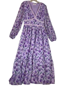 CHOO TEE YEEN DAMEN LILA GEBLÜMT LANGARM MIDI GEFÜTTERT KLEID GRÖSSE MEDIUM NEU MIT ETIKETT - Bild 1 von 12