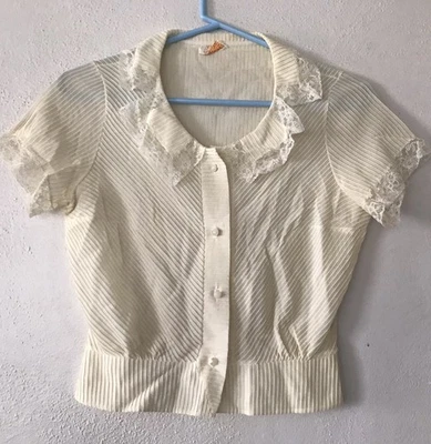 Vintage Semi  Sheer Yellow Lace Button-Up Blouse Lace Edges Delicate Size S Pet - Image 1 of 4