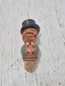Vintage Carved Wood Wine Bottle Stopper Cork Man Smoking w/Top Hat Antique - Picture 1 of 7