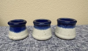 3 Vintage Studio Art Pottery Small Cups Mini/Bud Vases Holder Blue Drip 1.5” - Picture 1 of 8
