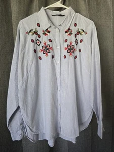 Zara Shirt Women's Size L Embroidered Floral Blue Striped Collared Button Down - Picture 1 of 7