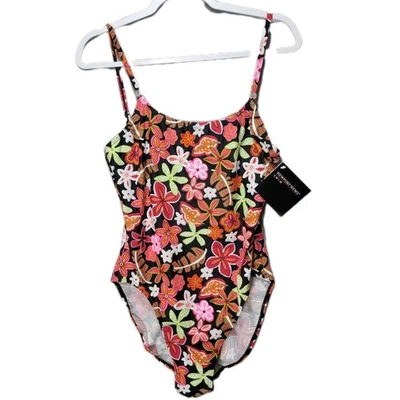 Купальник Newport News Plus 16 Вт высокий вырез 1 штука черный цветочный 70-е диско тропический - Изображение 1 из 4