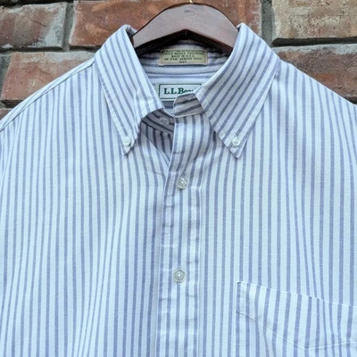 LL Bean Vtg 90s Single Needle Button Down Shirt S/S Blue White Striped Sz 16.5 - Image 1 of 4
