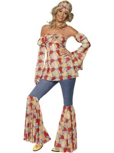 Vintage Hippy 1970's Hippie Disco Retro Flower Flared Fancy Dress Costume - Picture 1 of 6