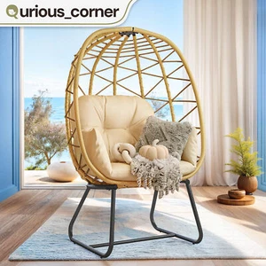 Oversized Egg Chair Rattan Wicker Foldable Teardrop Seat Indoor w/ Soft Cushion - Picture 1 of 9
